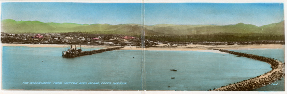 Panorama of the northern breakwater from Muttonbird Island, c.1930s