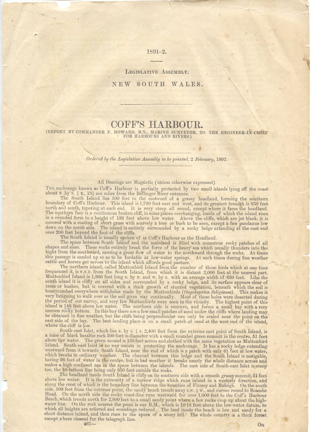 Marine Surveyor's Report on 'Coff's Harbour', 1892