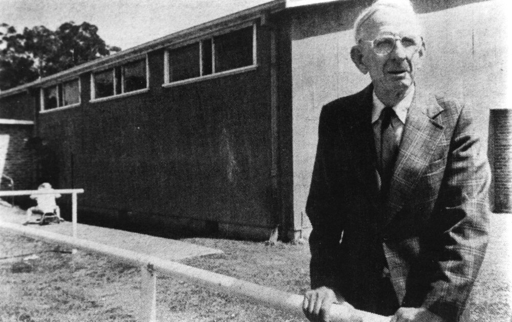 Norm Jordan outside the Showground Pavilion named after him, October 1988