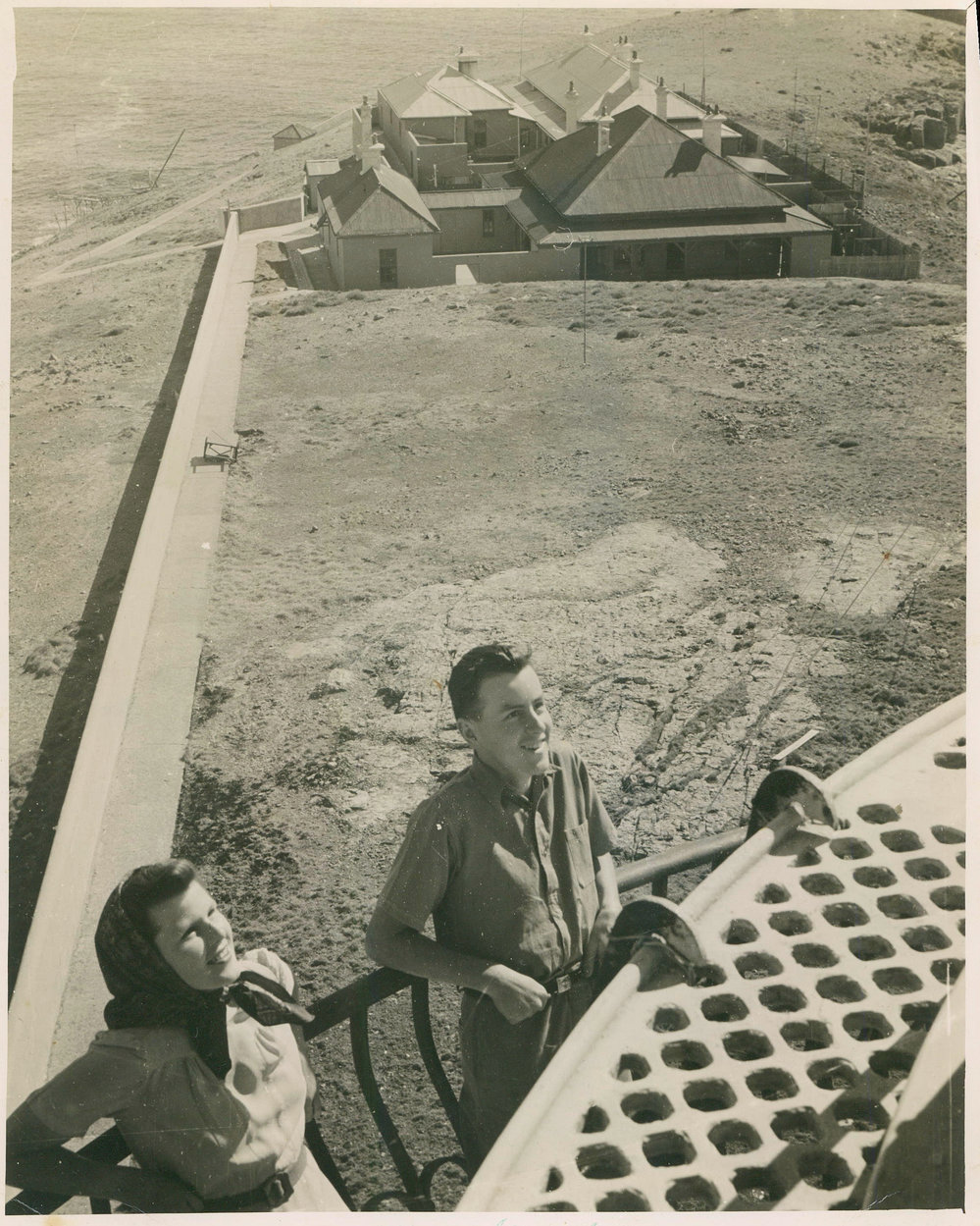 Beryl and Tom Duncan on the South Solitary Island lighthouse balcony, 1946
