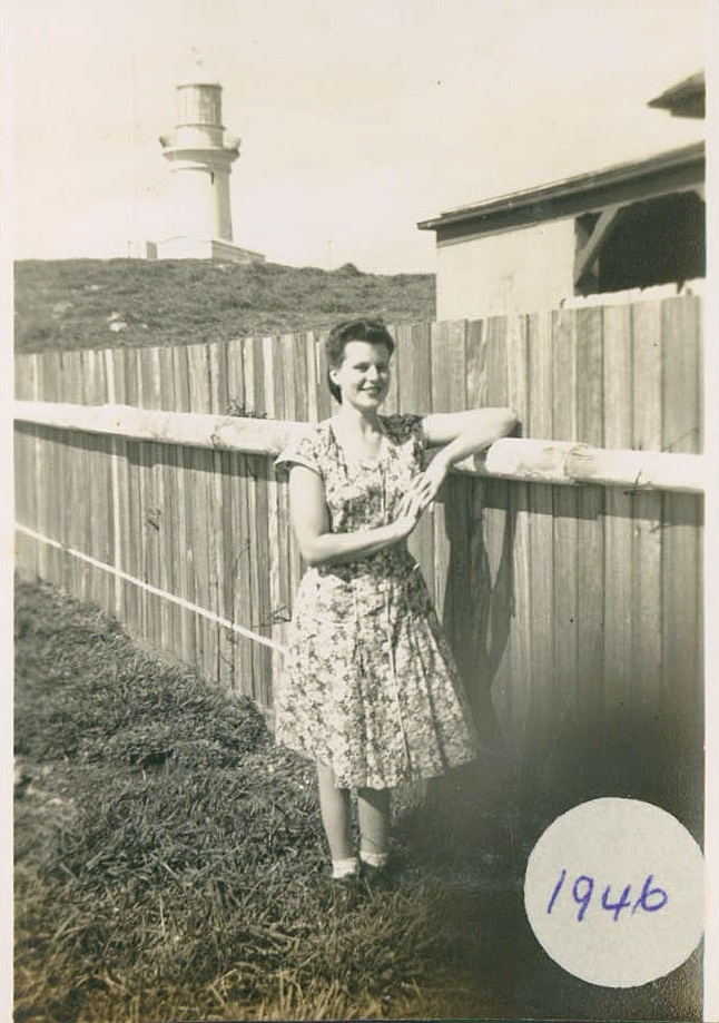 Beryl Duncan in front of the South Solitary Island lighthouse, 1946