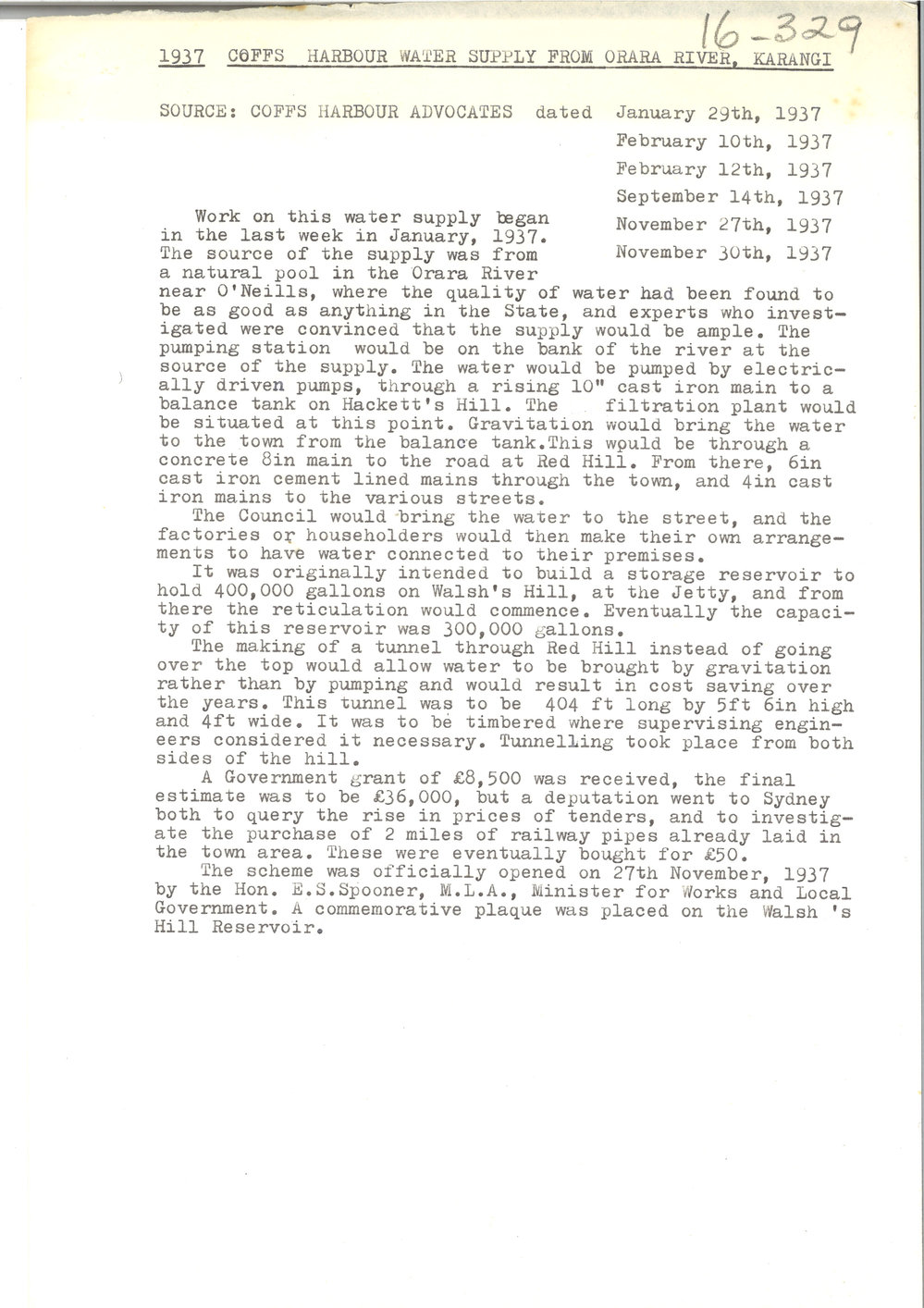 Summary of significant events in Coffs Harbour's history