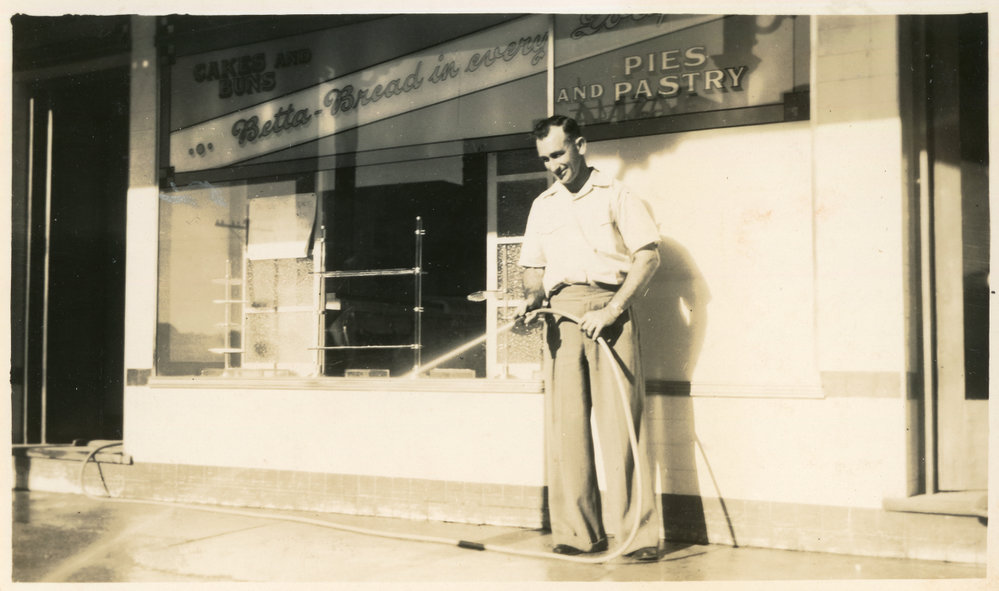 Allan McGregor outside the bakery, c. 1949