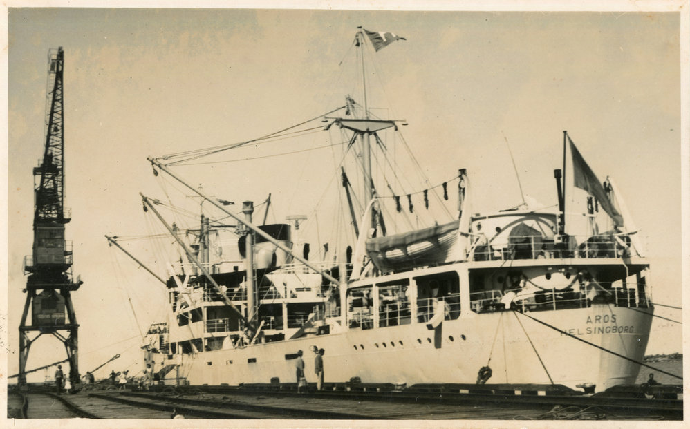 Swedish Cargo Boat Aros Helsingborg at Coffs Harbour Jetty, August 1952