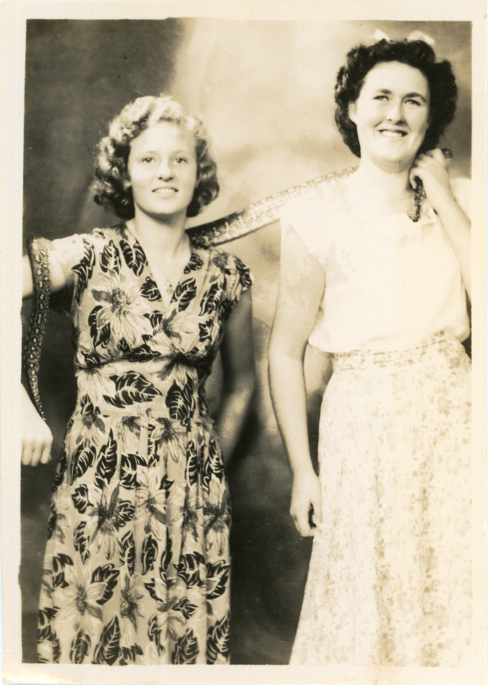 Photograph of Roma Hetherington and Heather Watt with Joe Blake, c. 1950