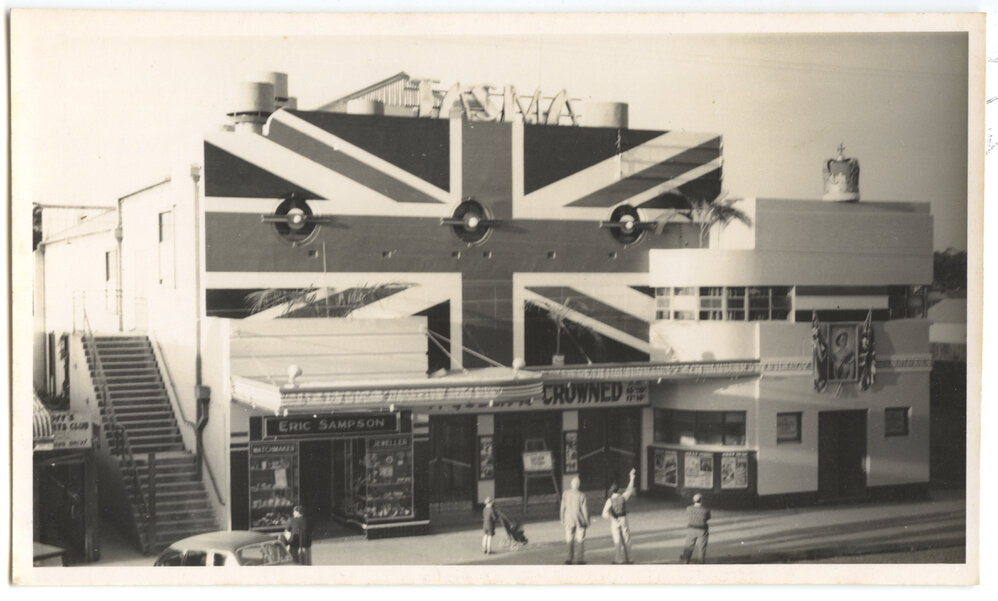 Tasma Theatre painted with the Union Jack c. 1953