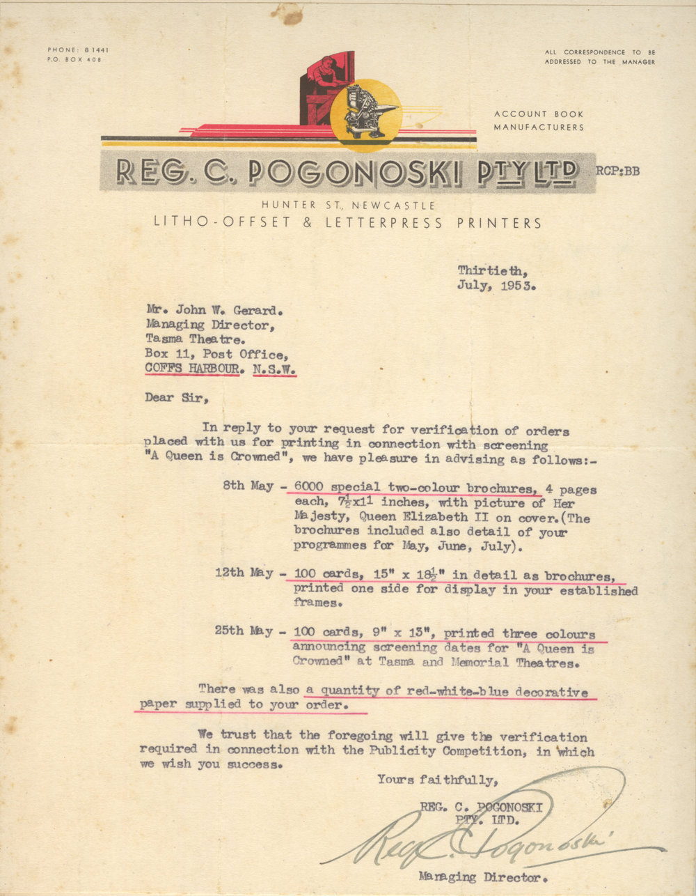 Letter to Jack Gerard from the printers 30 July 1953