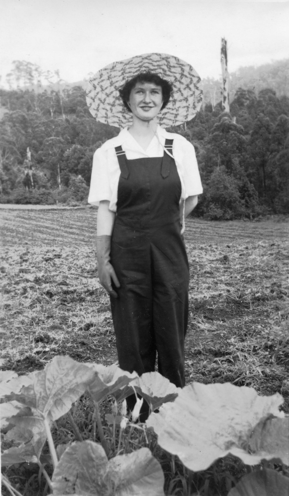 Jessica Hill in the pumpkin patch on Englands Road, 1950
