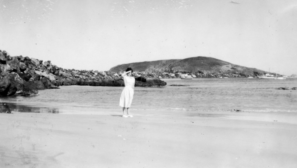Jessica Hill on the beach near the north wall, 1950