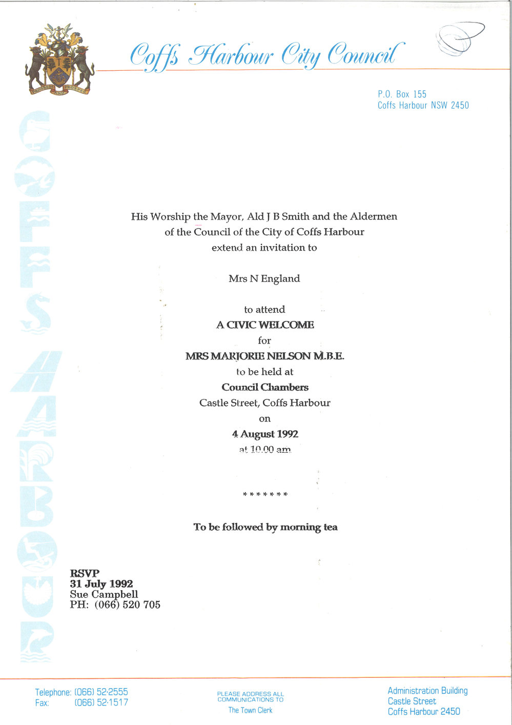 Invitation to the Civic Welcome for Marjorie Jackson, 4 August 1992