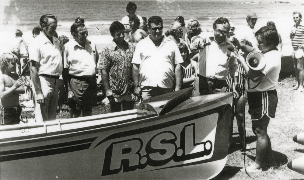 New surf boat presentation by the Sawtell R.S.L. Club committee to Sawtell Surf Life Saving Club, 1980