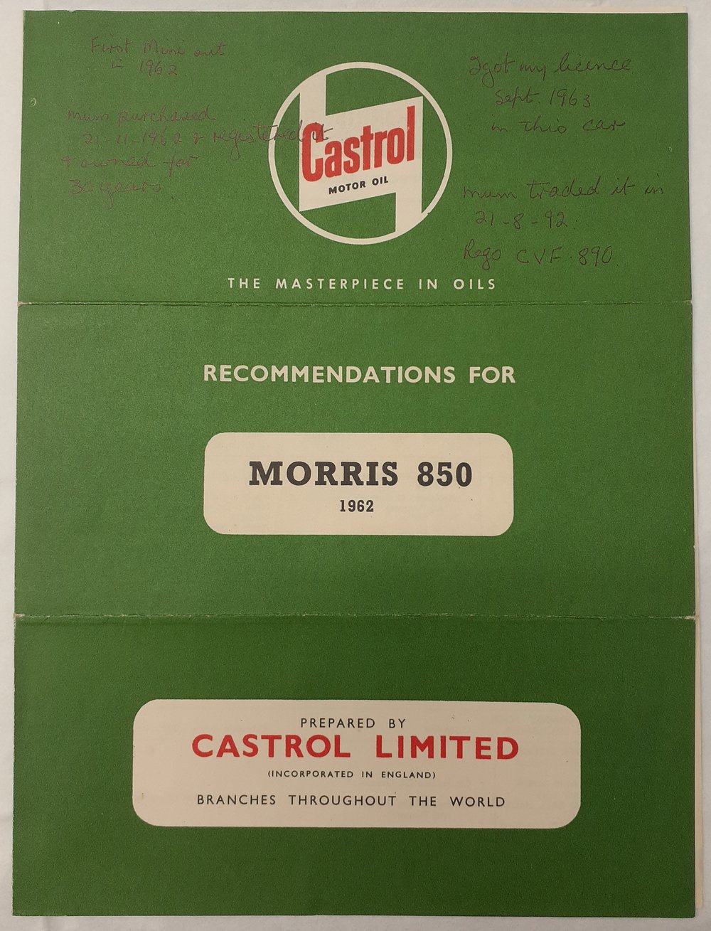 Castrol Recommendations for Morris 850, 1962