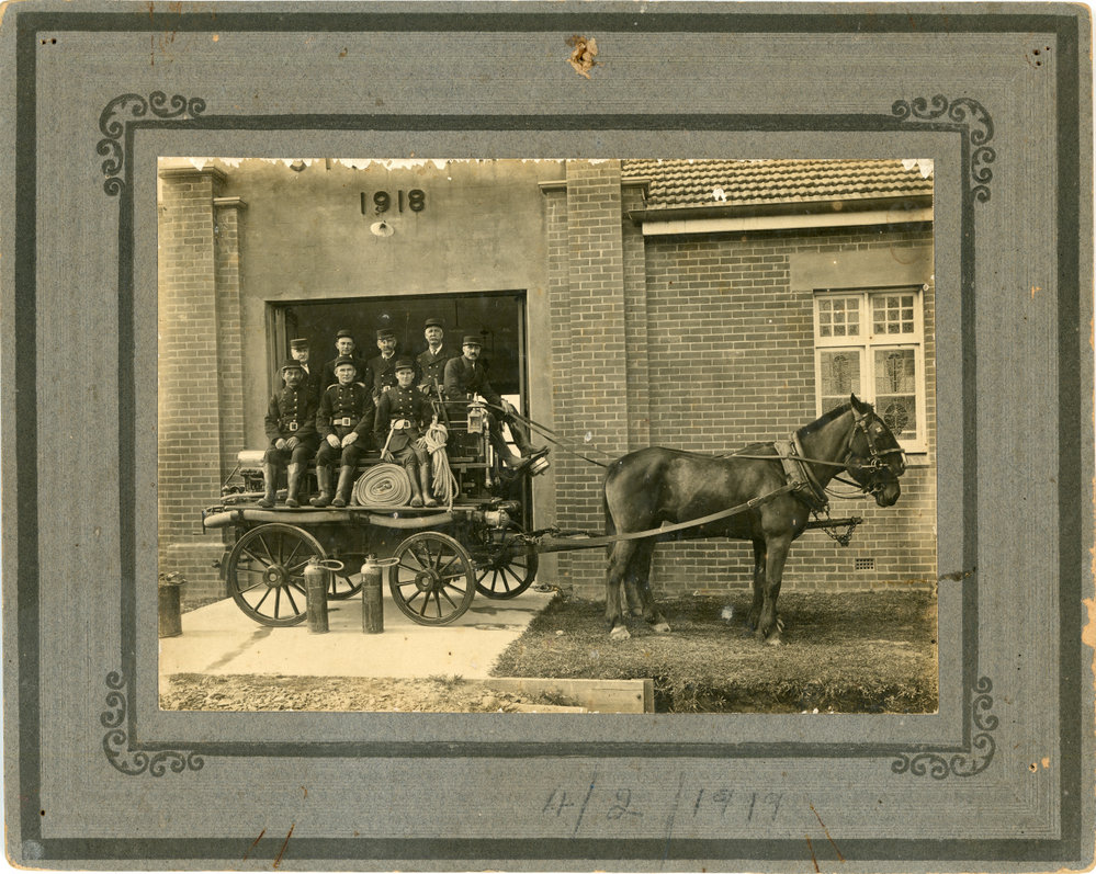 Fire Brigade members with their horsedrawn fire engine, 4 February 1919 