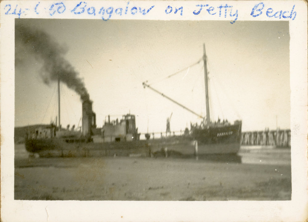Steam ship Bangalow driven aground on northern end of Jetty Beach, 24 June 1950