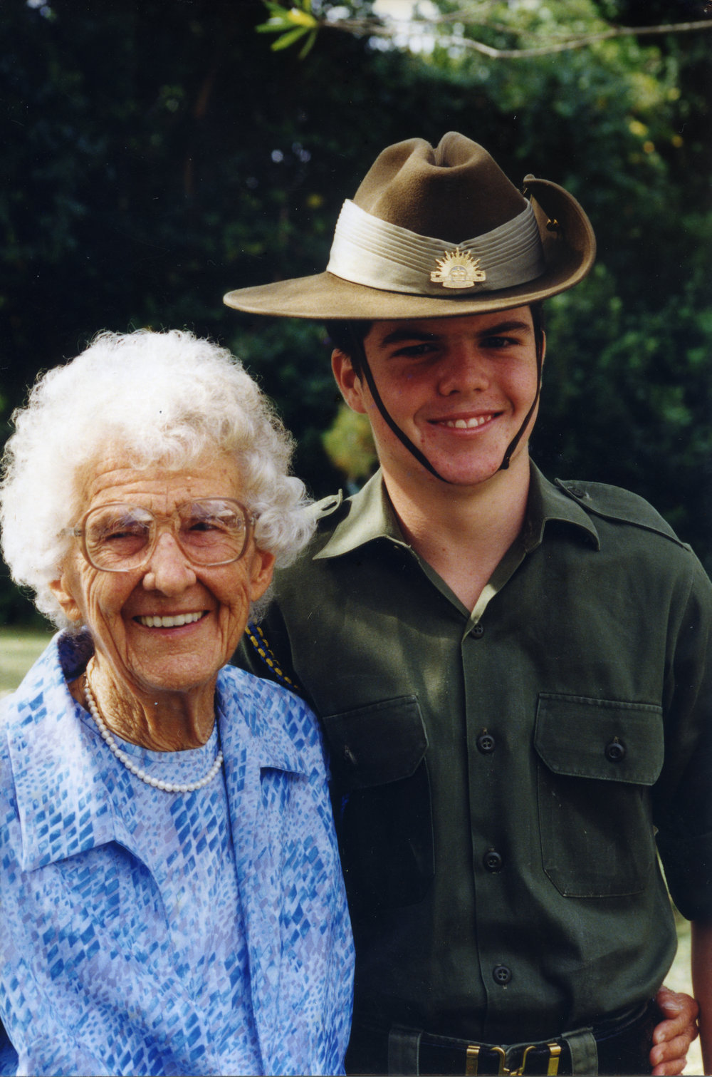 Ida Worland with grandson Ryan in his Cadet uniform on ANZAC Day 