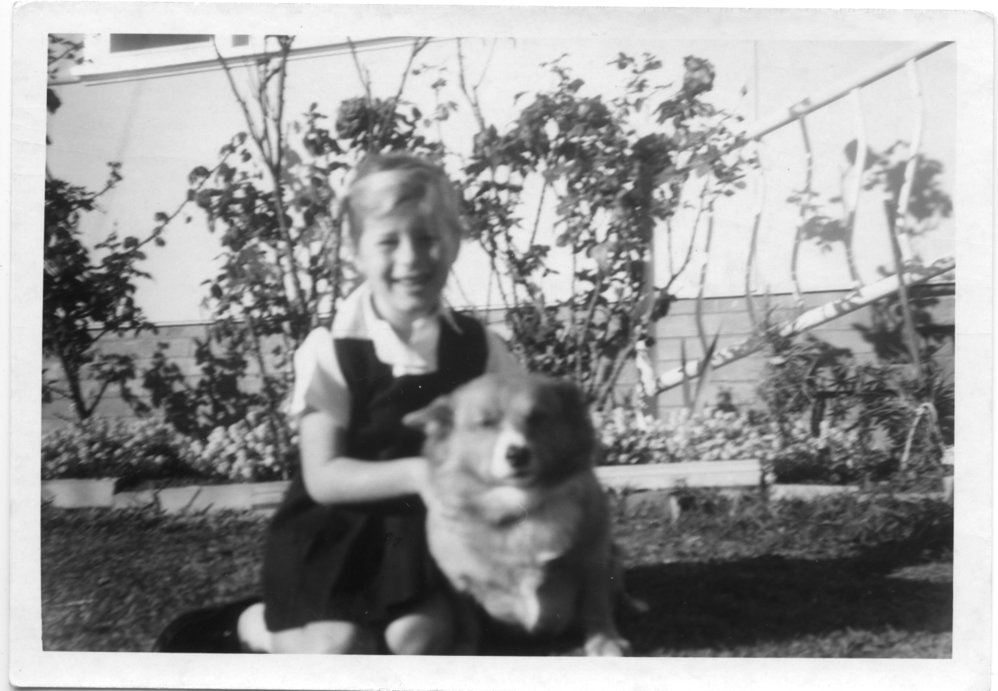 Gail Worland and the family dog at Lyons Road on the North Bonville Estate, 1970