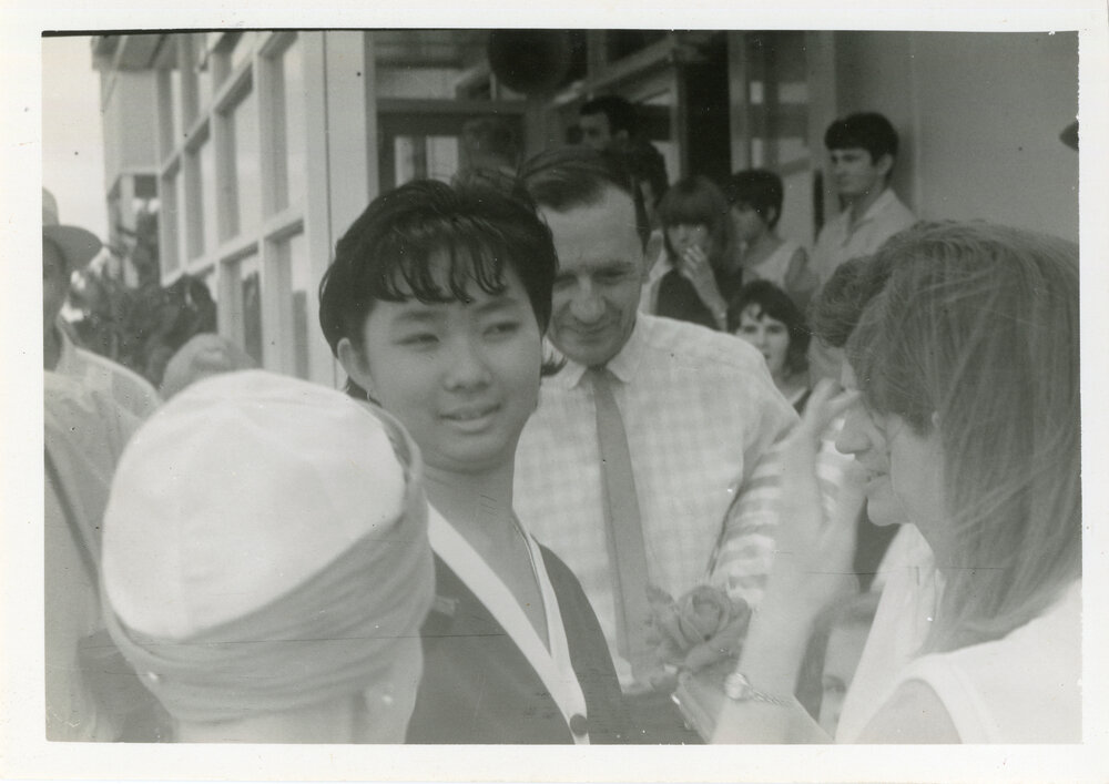 Kanit Sriangura being farewelled at Coffs Harbour Airport by Rotary Club members, late 1960s