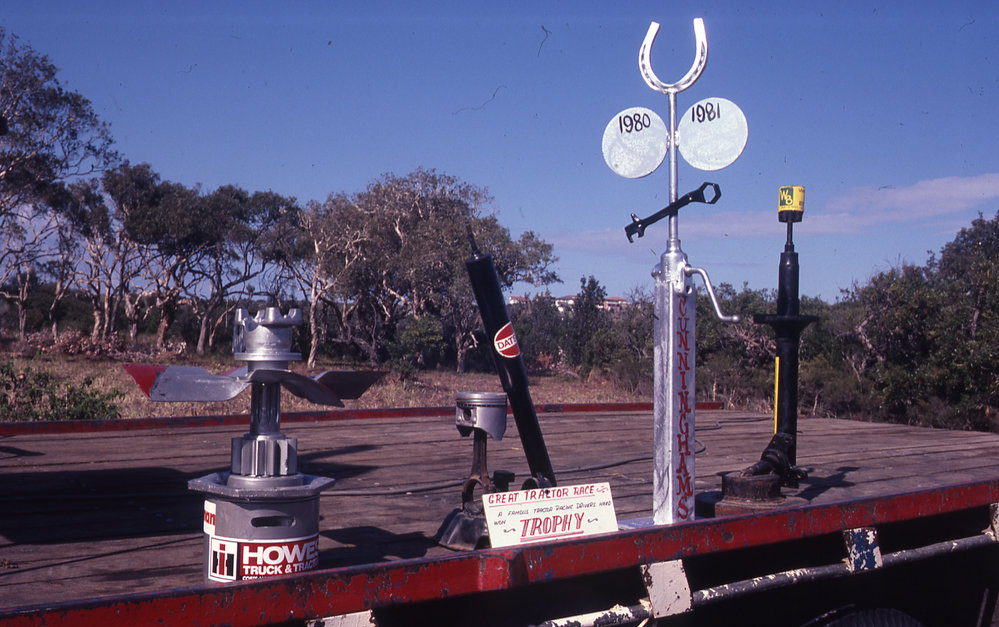 Trophies for the Emerald Beach tractor races during the Banana Republic, c.1981