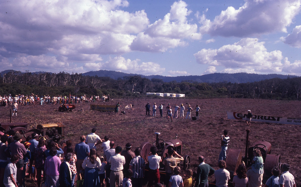 Officials prepare for the Emerald Beach tractor races during the Banana Republic, c.1981