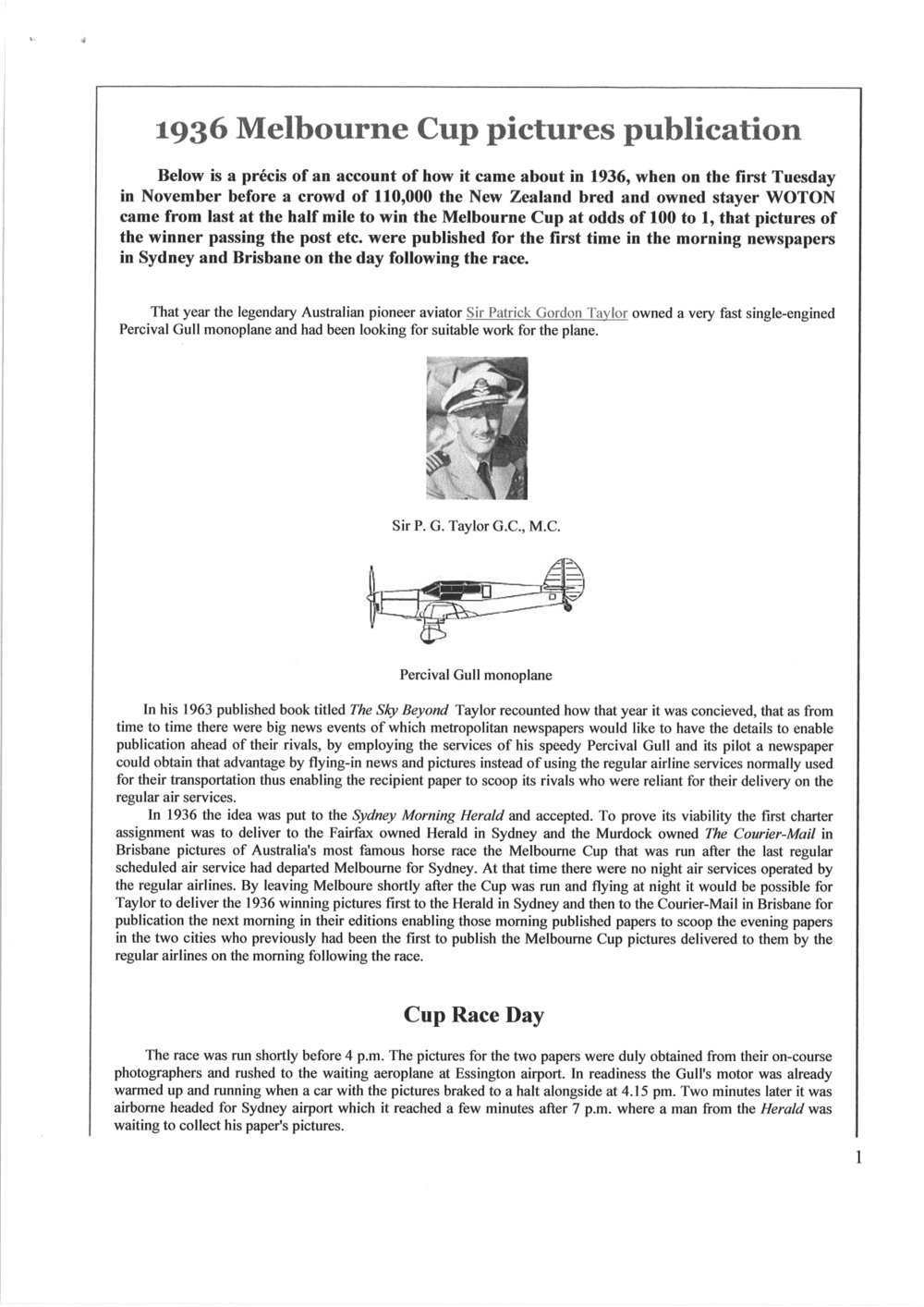 Sir Patrick Taylor and the 1936 Melbourne Cup pictures publication