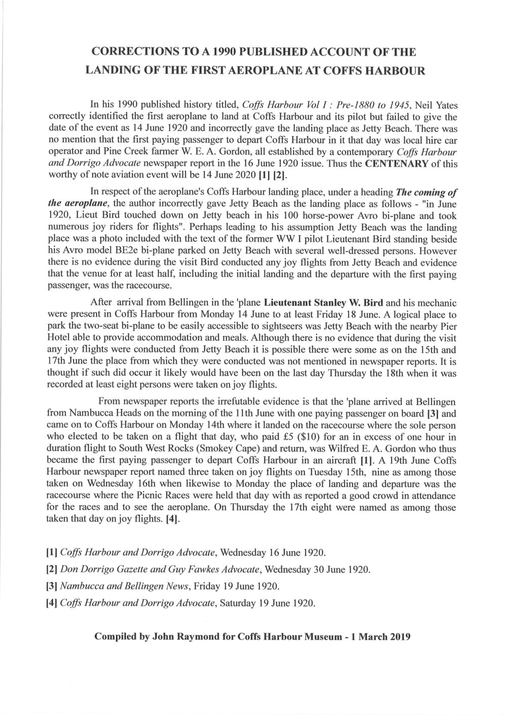 The landing of the first aeroplane at Coffs Harbour: corrections to a published account