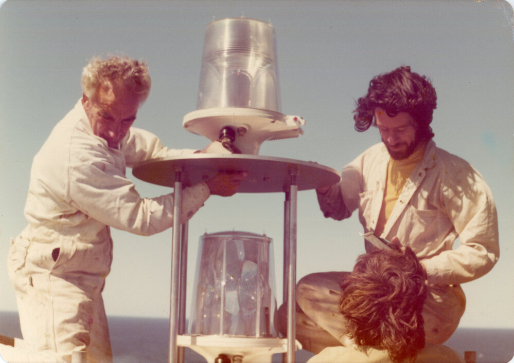 Installation of a temporary light at South Solitary Island Lighthouse, April 1975