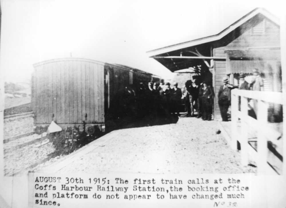 The first train at Coffs Harbour Railway station, 30 August 1915