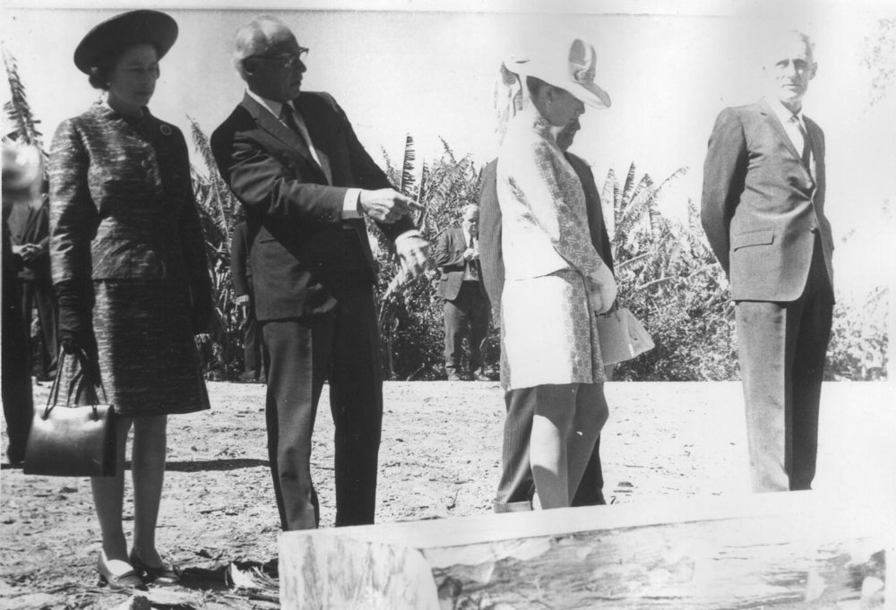 The Queen admires the felled timber, April 1970