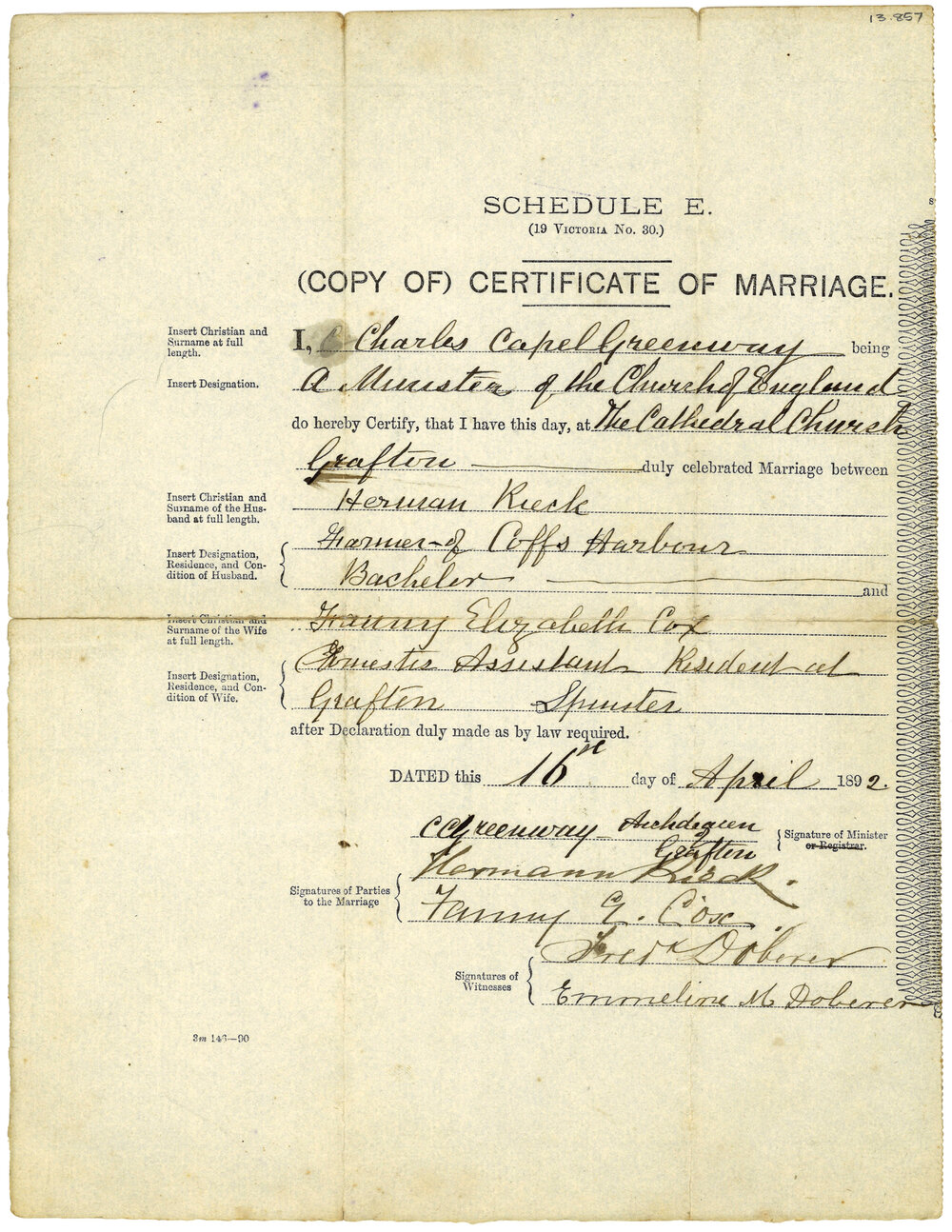 Certificate of Marriage, 1892