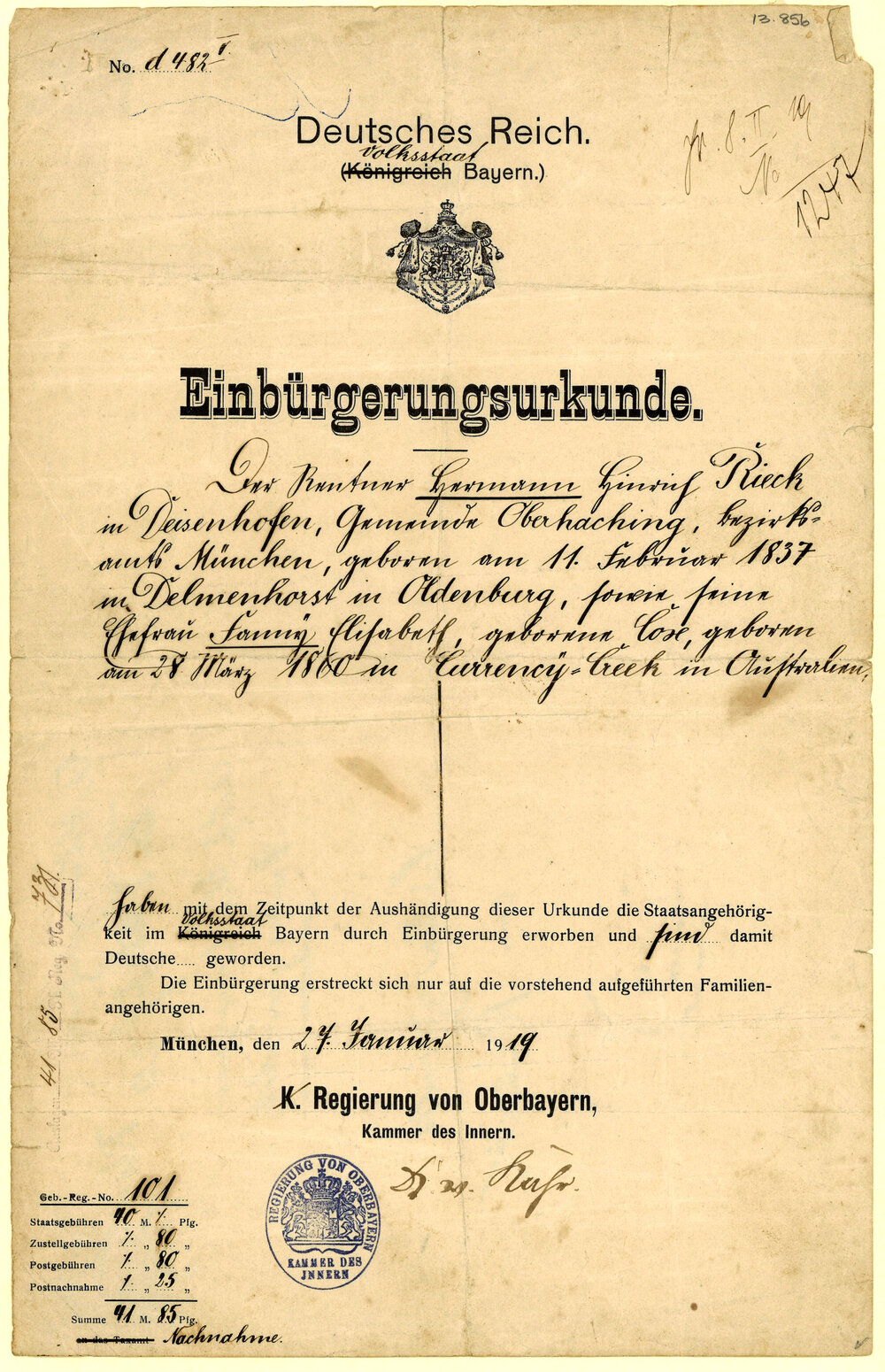 Naturalisation Certificate, 1919