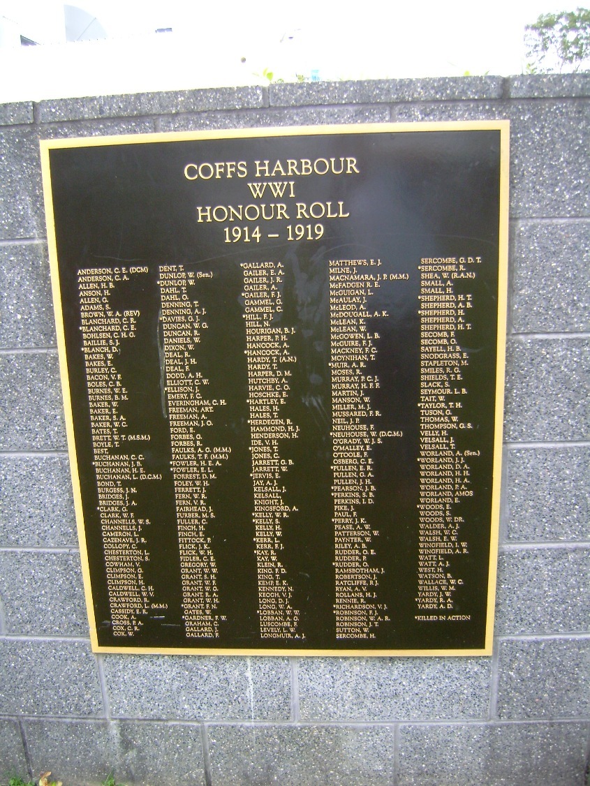 World War I Honour Roll at the Coffs Harbour Cenotaph, February 2012