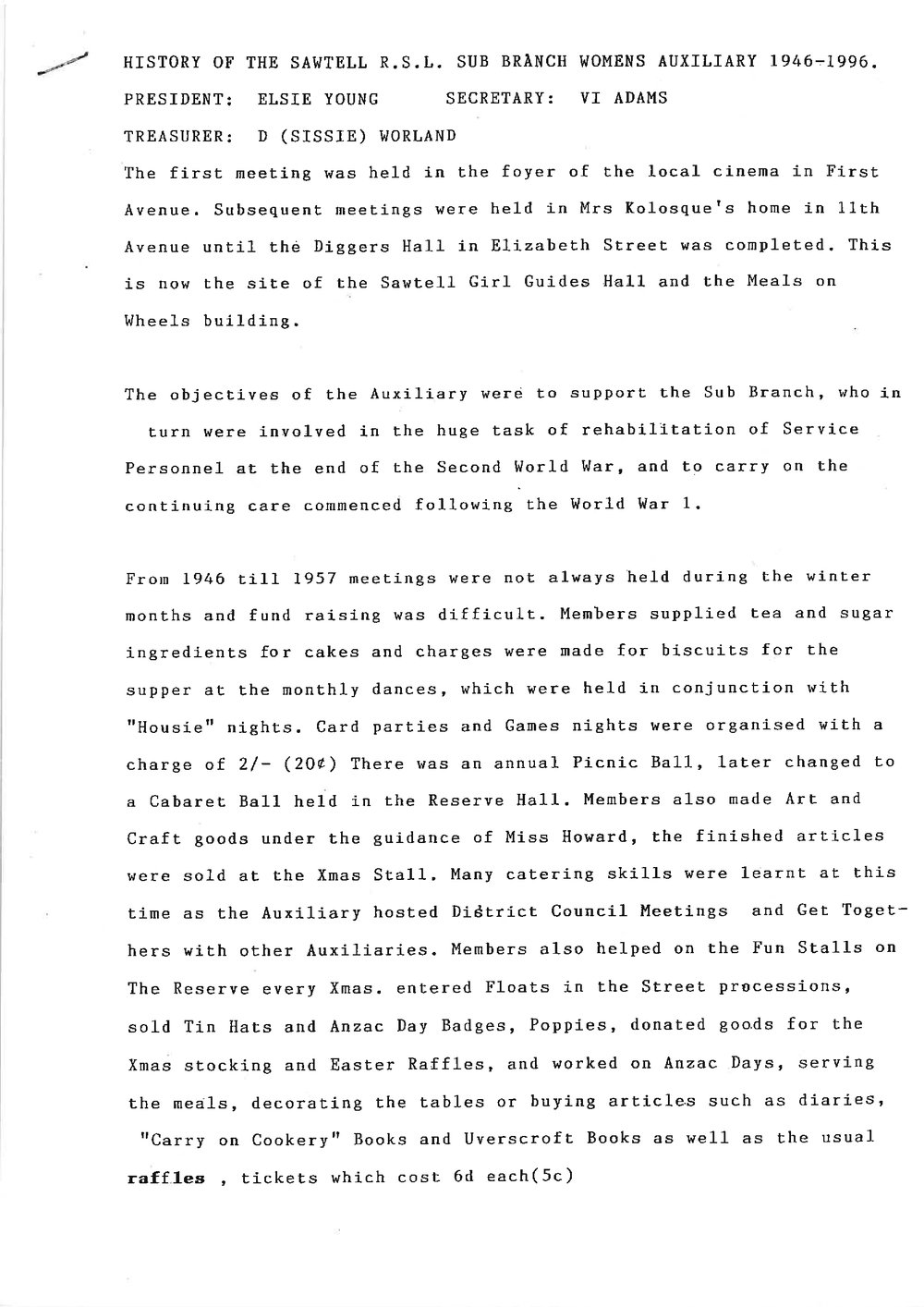 History of the Sawtell R. S. L. Sub Branch Womens Auxiliary 1946 - 1996