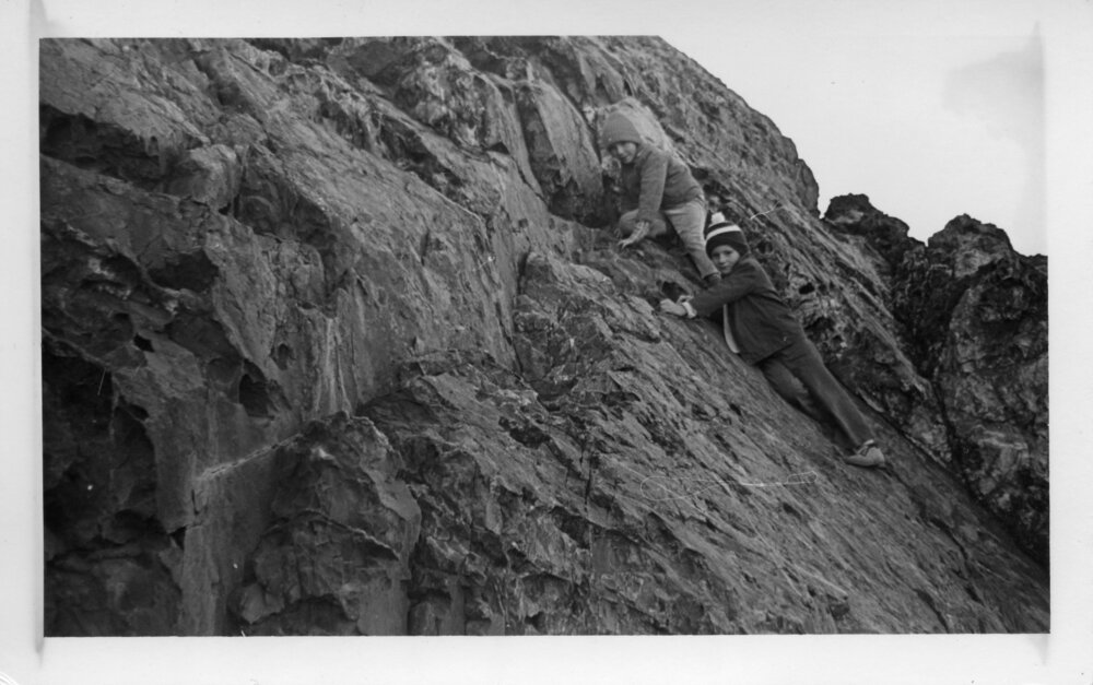 John and Mick Ross rock-climbing on South Solitary Island, early 1970s