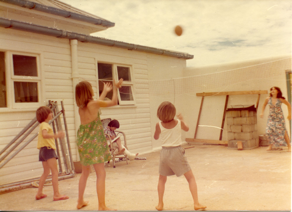 The Ross family in the Headkeeper's courtyard on South Solitary Island, early 1970s
