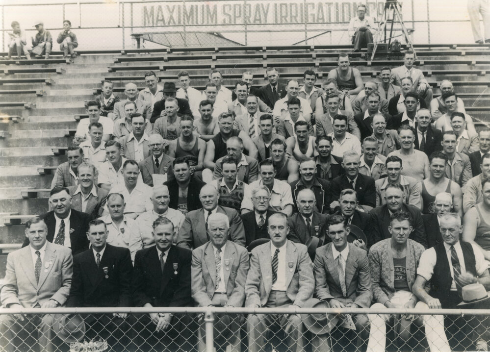 Woodchopping handicappers and judges at the Royal Easter Show