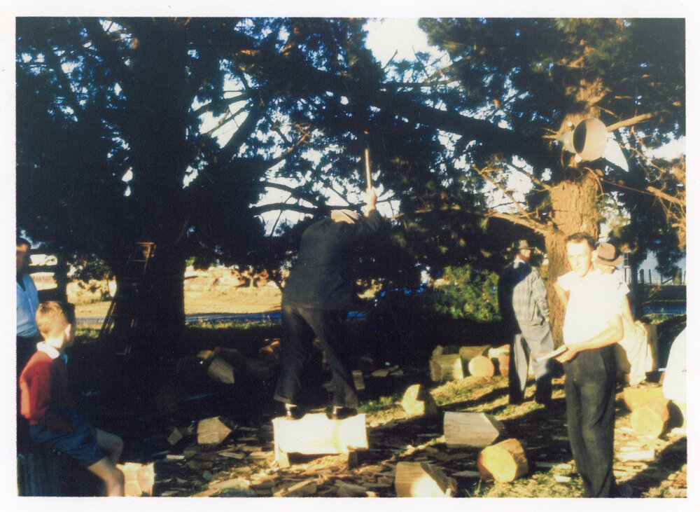 Harry Bailey wearing his suit in a woodchopping demonstration