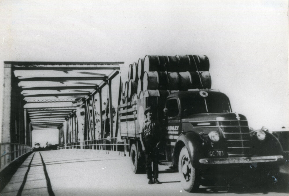 Harry Bailey's truck loaded with oil drums