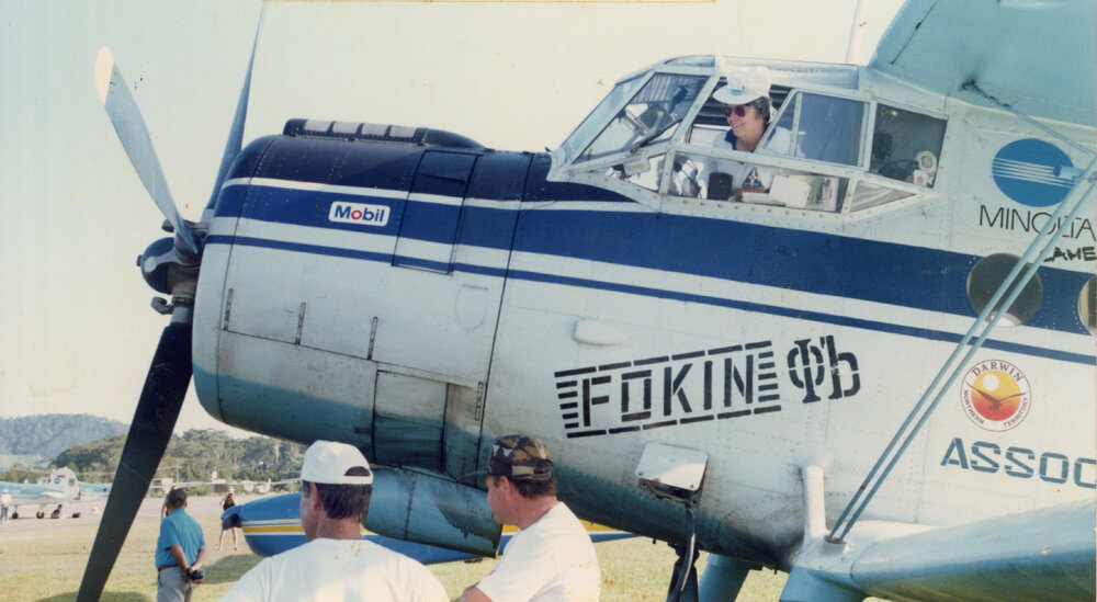 Judy Riddel inspects Russian aircraft at the Coffs Harbour Aero Club, 1 January 1992