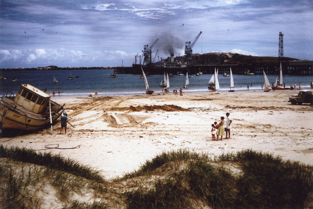 Jetty Beach looking south east with fishing boat, 1956 - 1960  