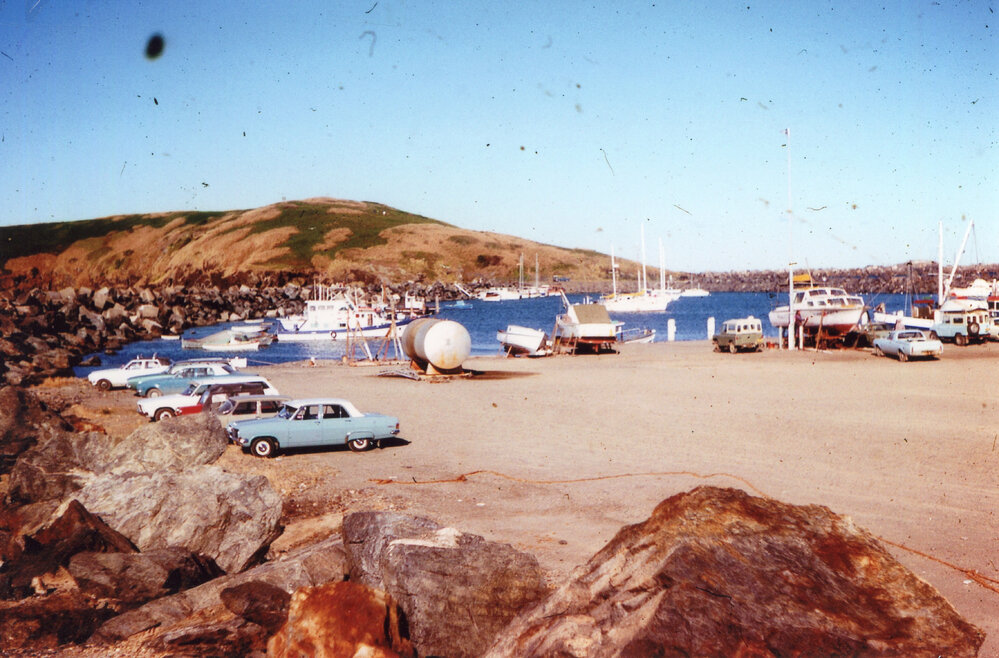 Northern end of Jetty Beach with fishing fleet and yachts inside the inner harbour wall, 1956 - 1960  