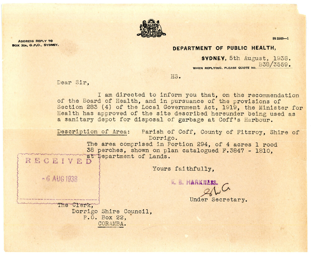 Department of Public Health letter confirming a garbage and sanitary depot site for Coffs Harbour, 5 August 1938
