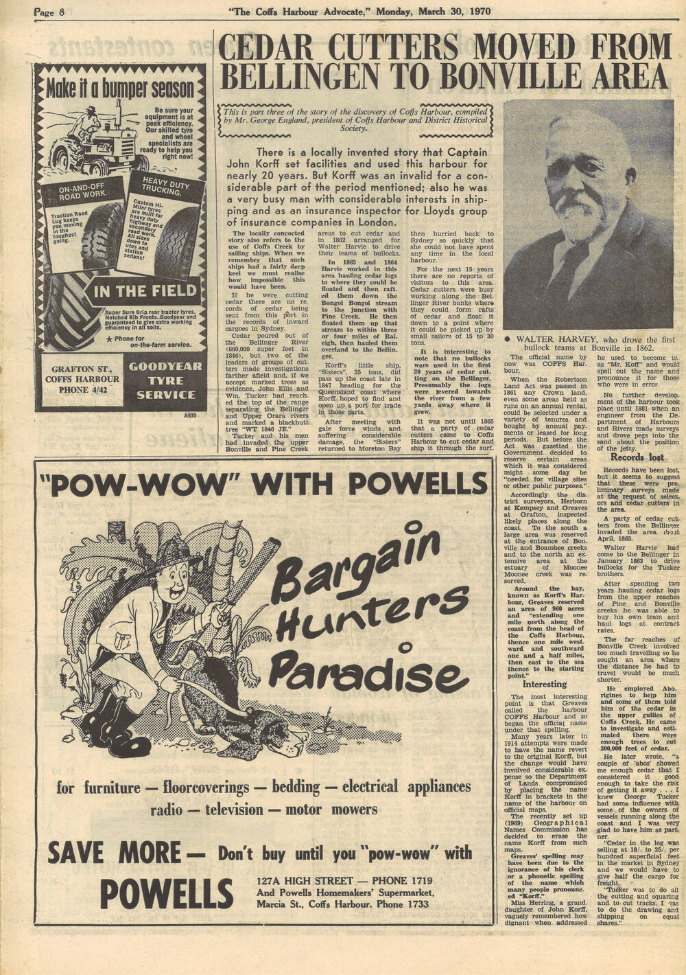 Cedar cutters moved from Bellingen to Bonville area, 30 March 1970