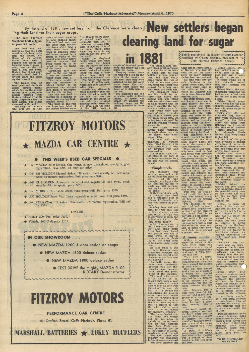 New settlers began clearing land for sugar in 1881, 6 April 1970