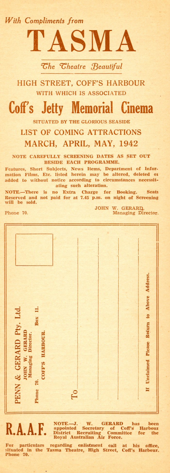 Tasma Theatre programme, March - May 1942