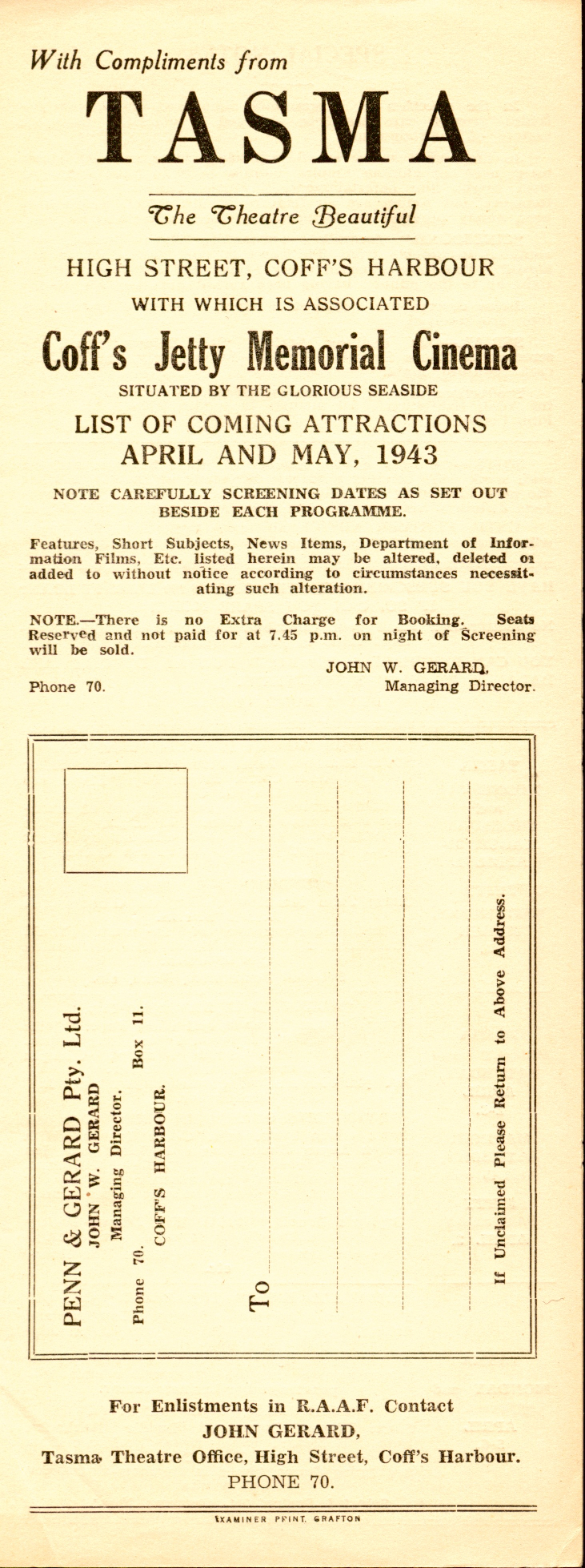 Tasma Theatre programme, April - May 1943