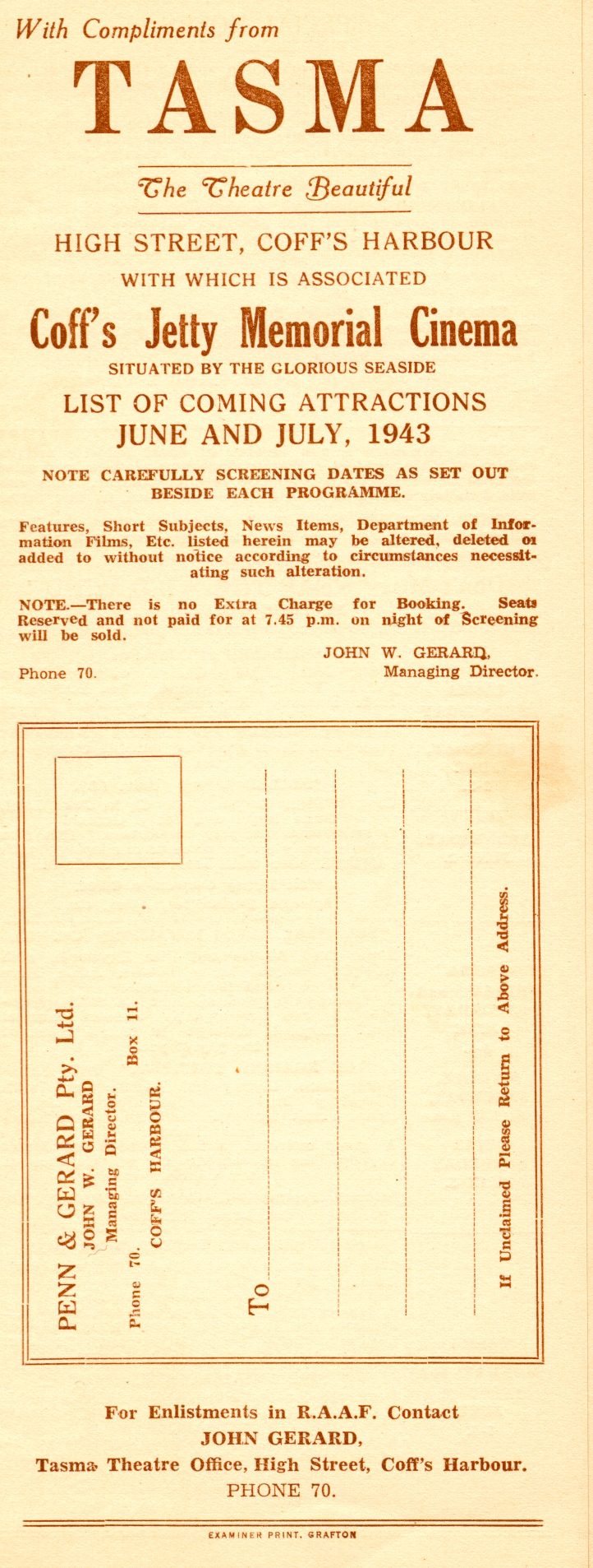 Tasma Theatre programme, June - July 1943