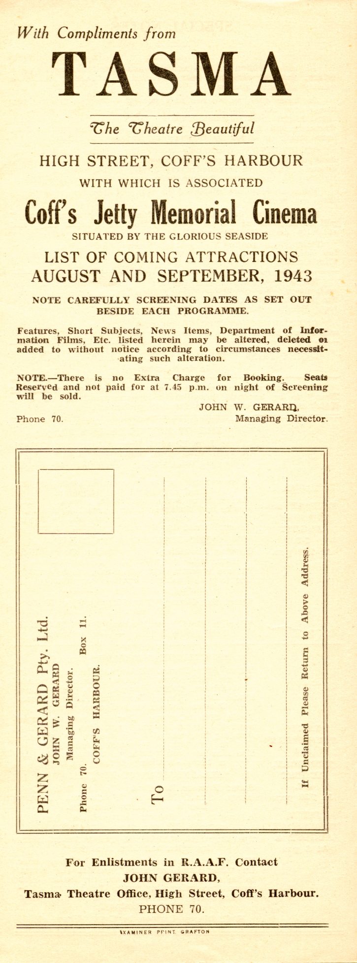 Tasma Theatre Programme, August - September 1943