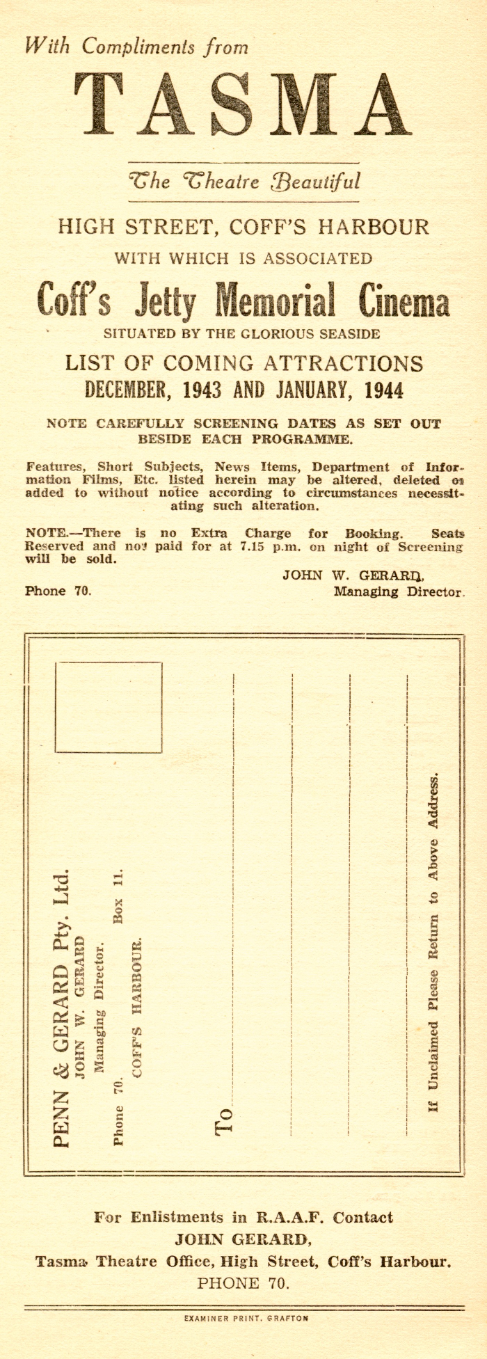 Tasma Theatre &amp; Memorial Cinema programmes, December 1943 - March 1944