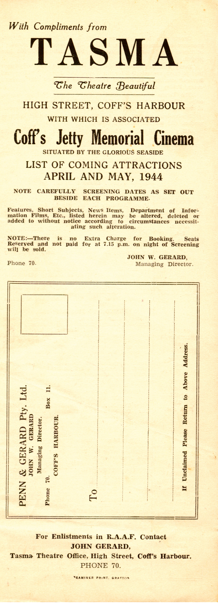 Tasma Theatre programme, April - May 1944