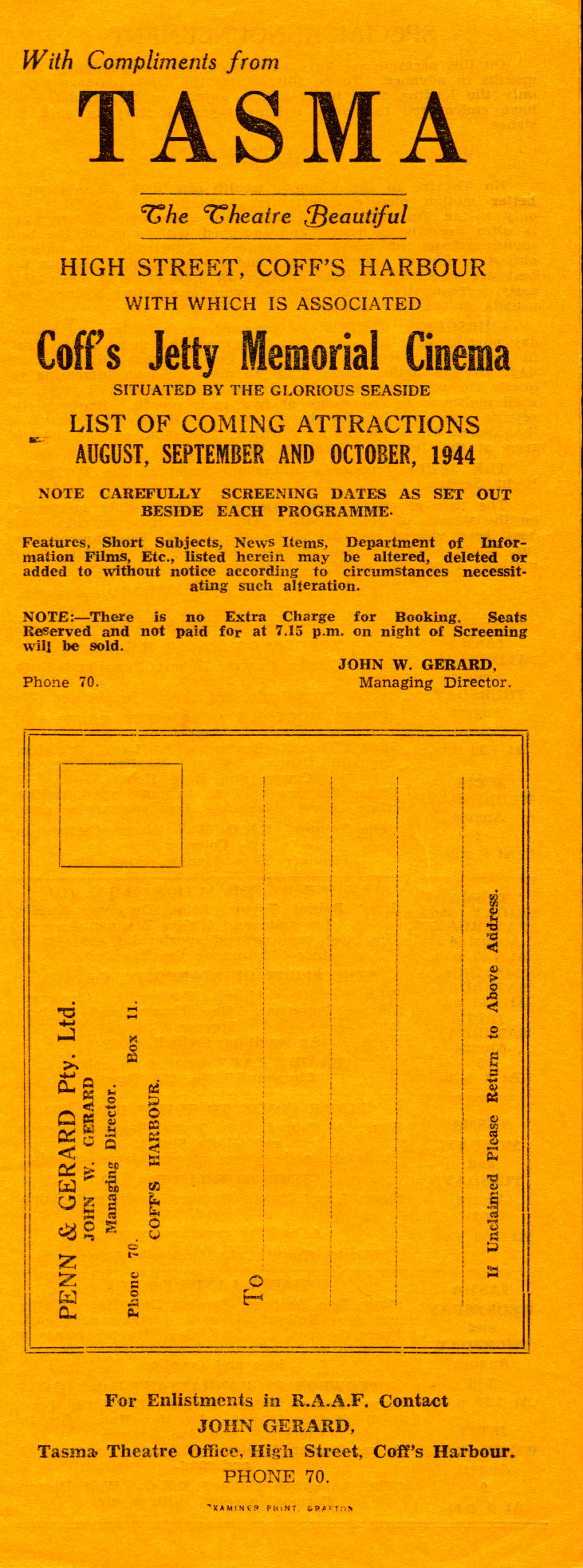 Tasma Theatre programme, August - October 1944